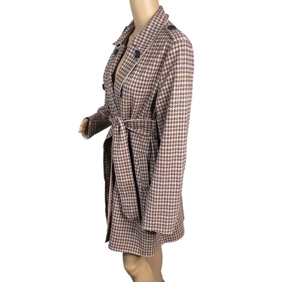 Anthropologie Solitaire Faux Suede Houndstooth Belted Trench Coat SZ L - Picture 4 of 8